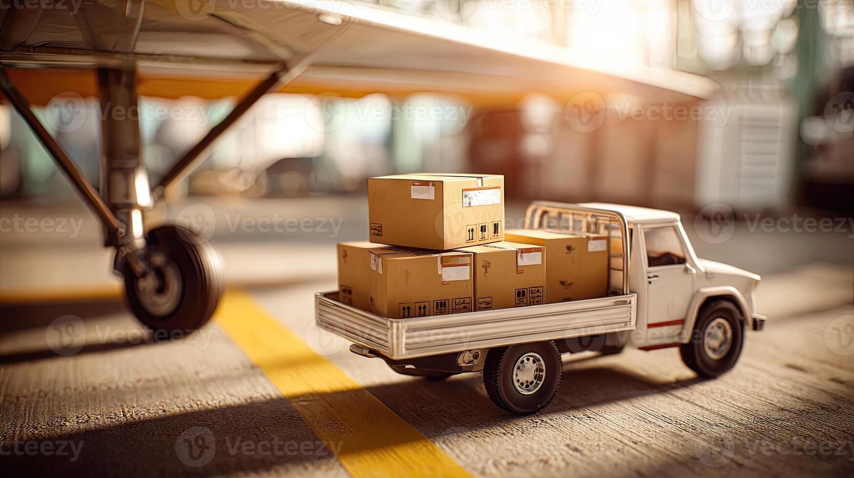 A toy truck with boxes on it in front of an airplane photo