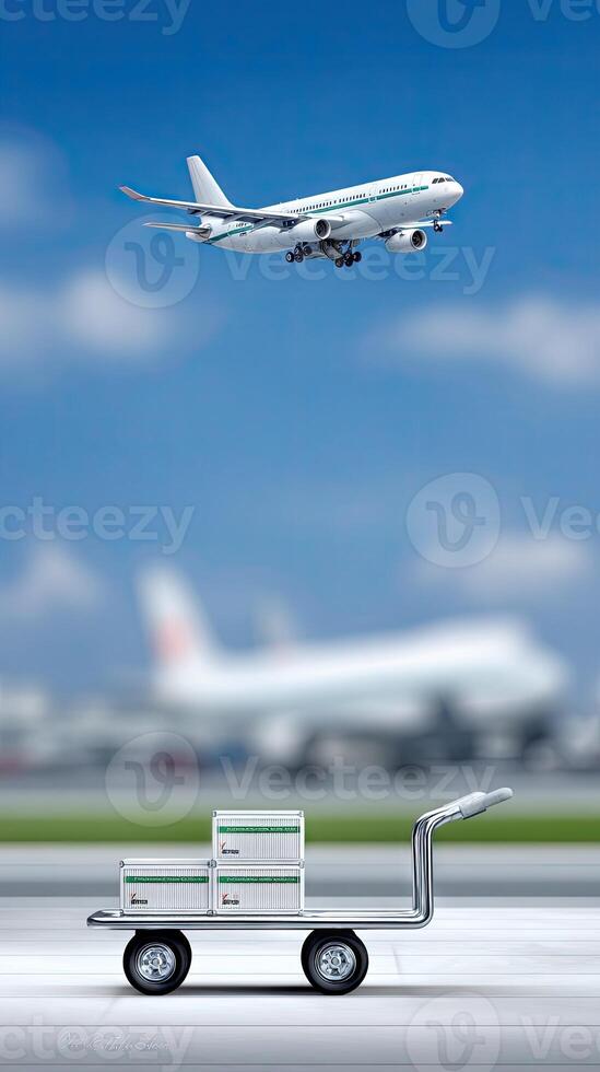 A plane flying over a trolley with boxes on it photo