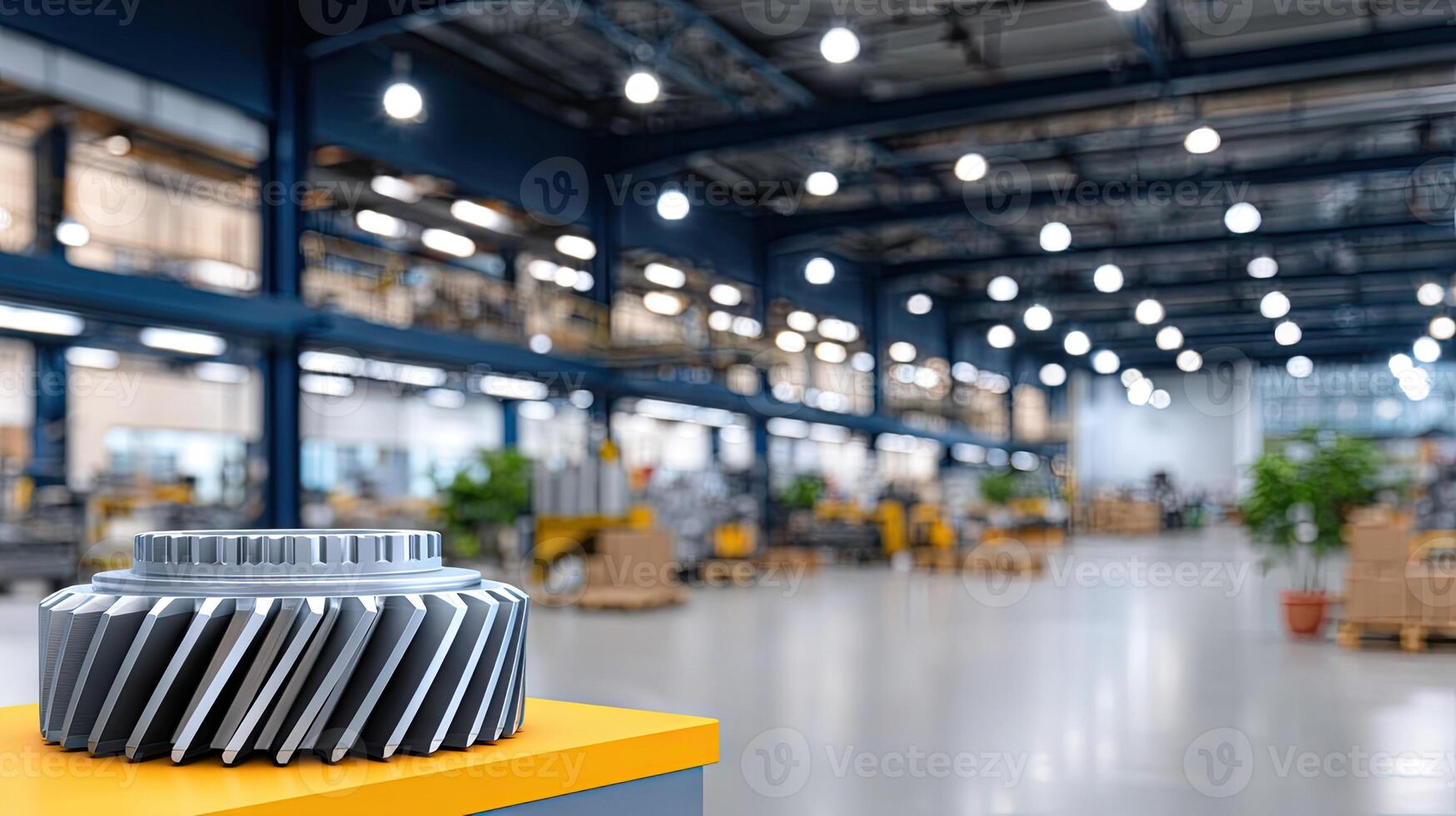 A gear wheel is sitting on a yellow stand in a large warehouse photo