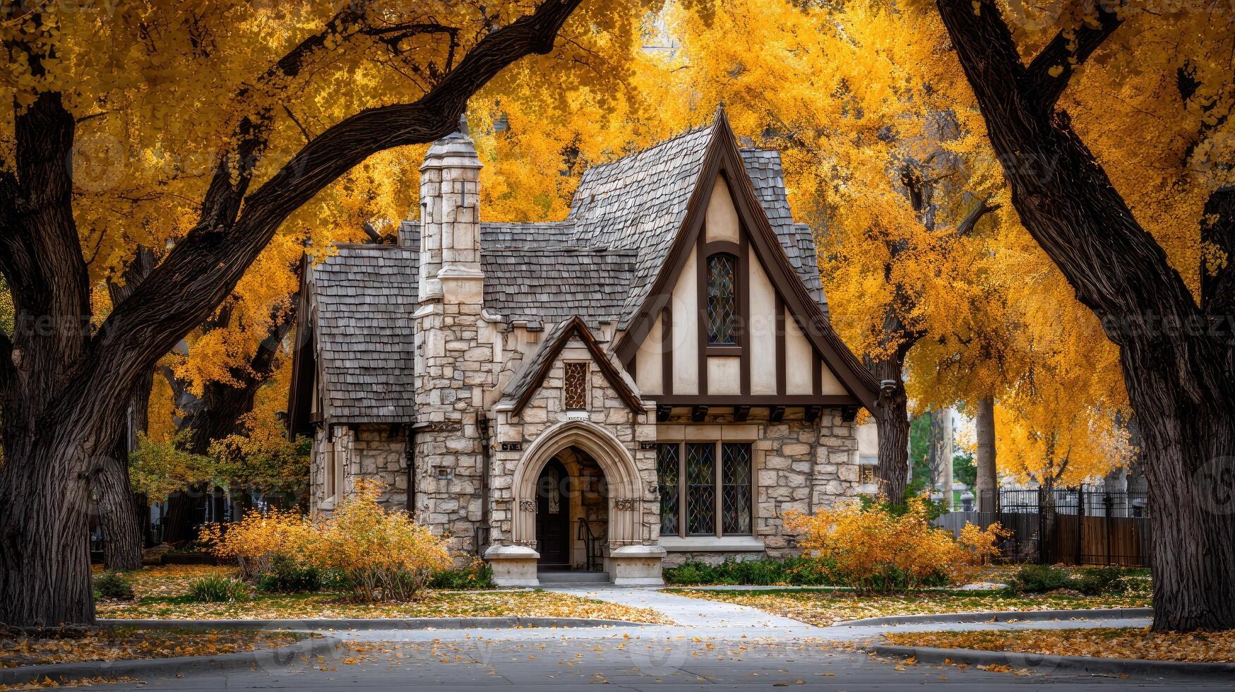 A house surrounded by trees in the fall photo
