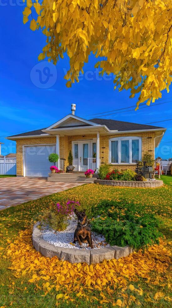 A beautiful home with yellow leaves on the lawn photo
