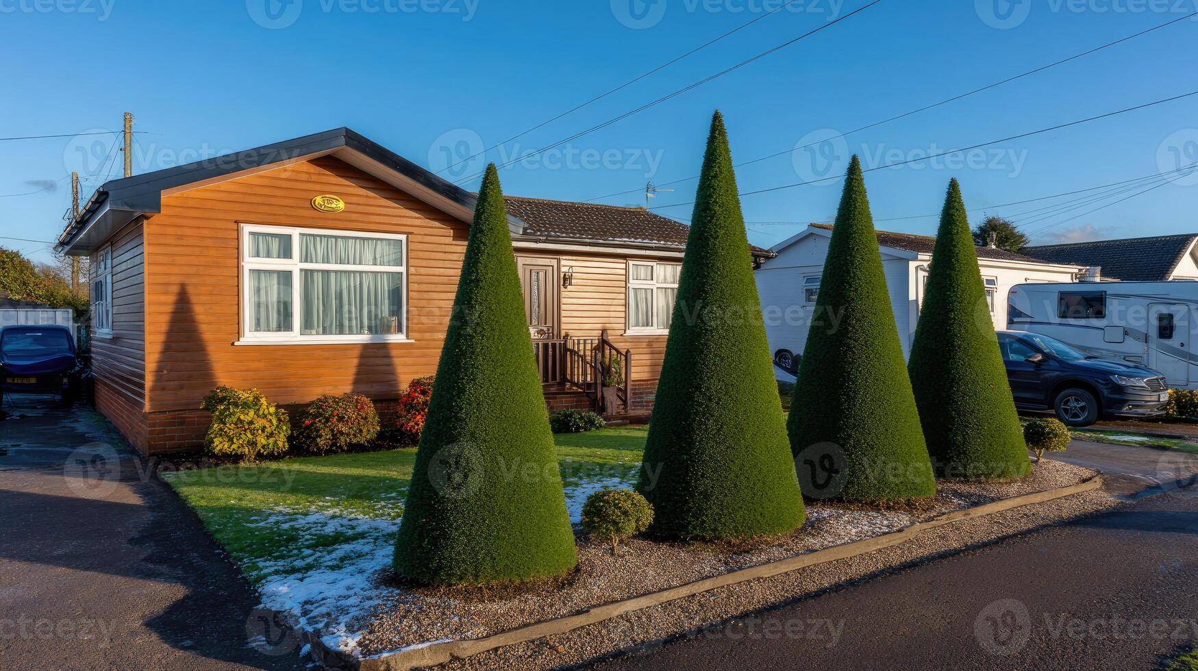 A small house with a few trees in front of it photo
