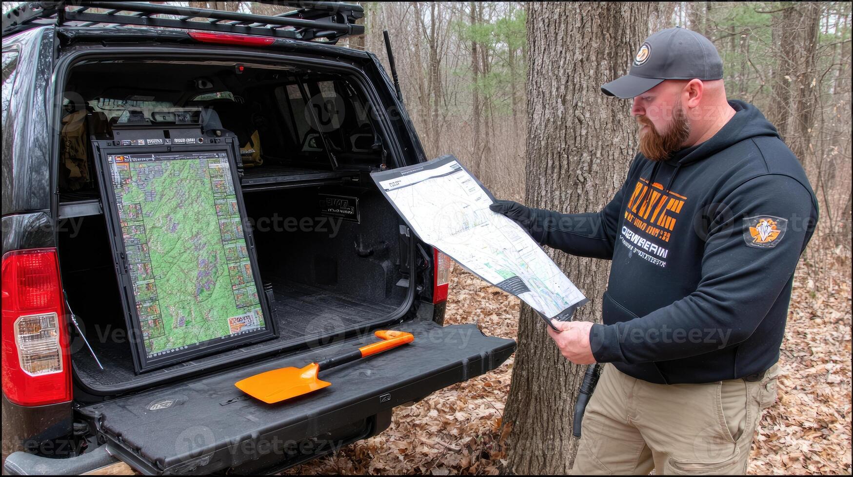 A man holding a map and a shovel in the back of a truck photo