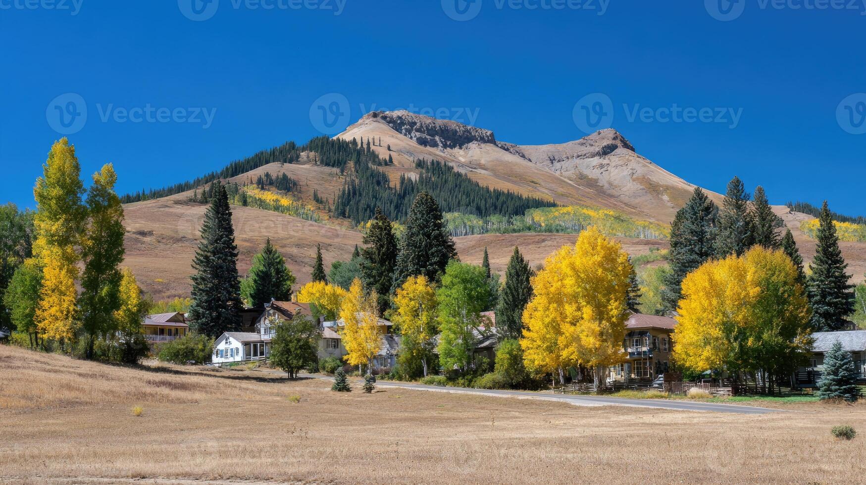 A mountain with trees and houses in the foreground photo