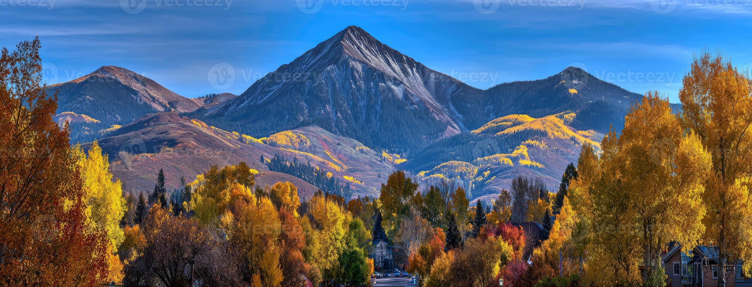 A mountain range with trees and mountains in the background photo
