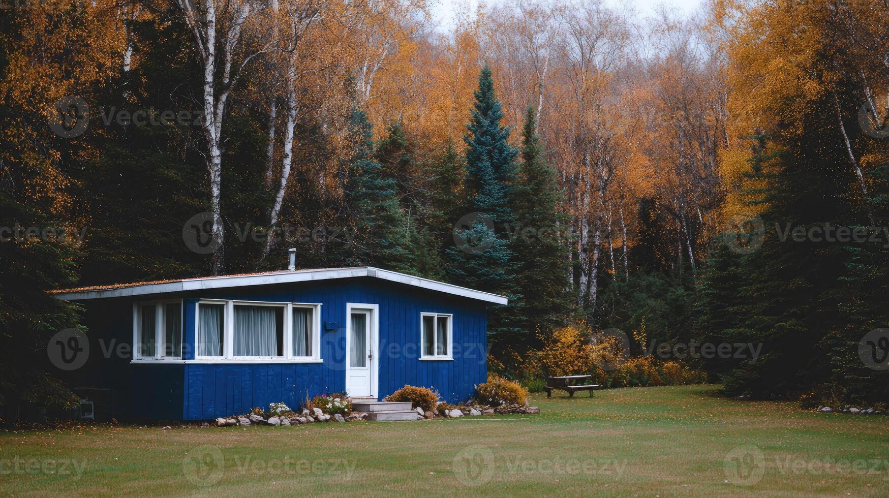 A blue house in the woods with trees and fall foliage photo
