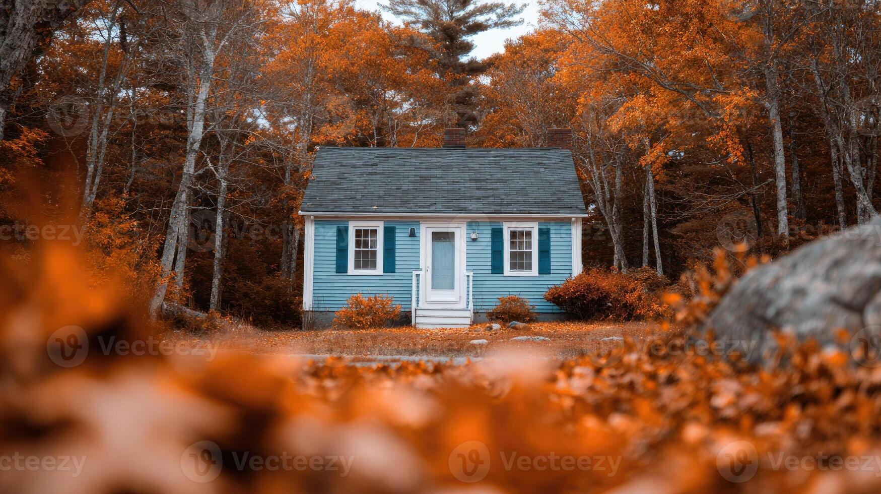 A small blue house surrounded by autumn leaves photo