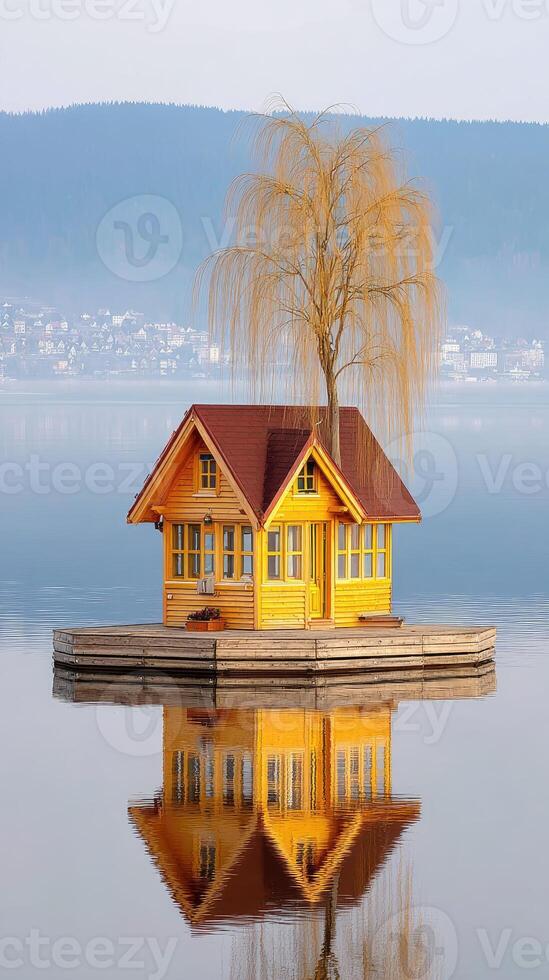 A small house on a small island in the middle of a lake photo