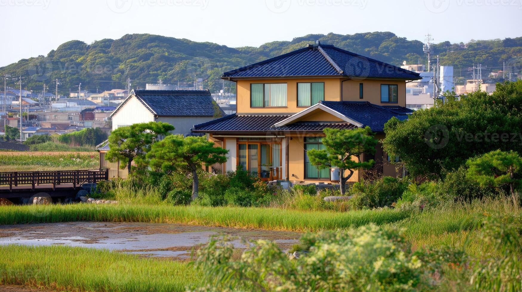 A house with a small pond in front of it photo