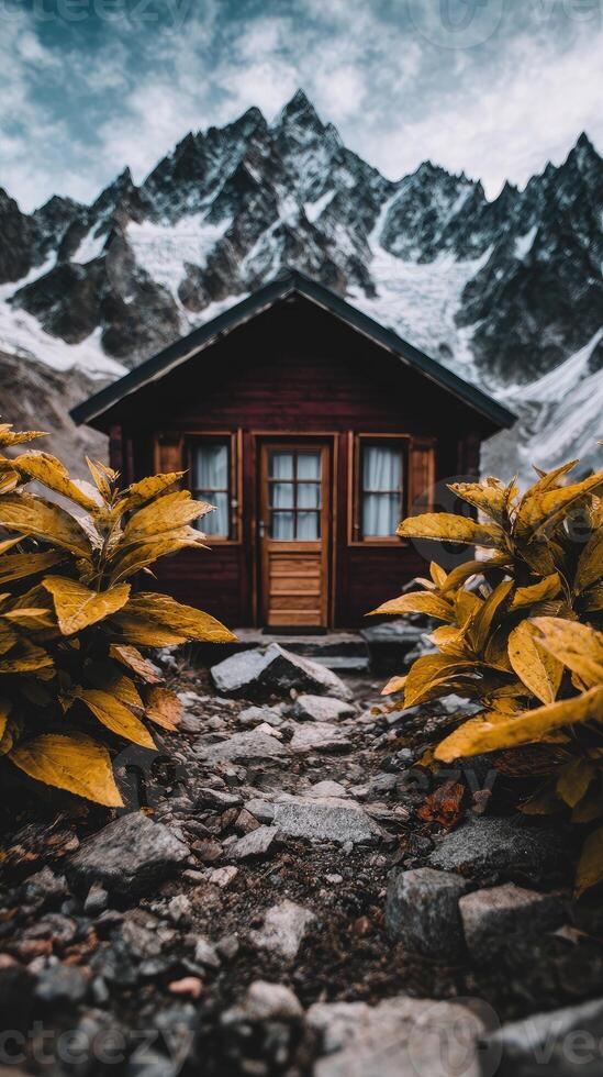 A small cabin in the mountains with plants and rocks photo