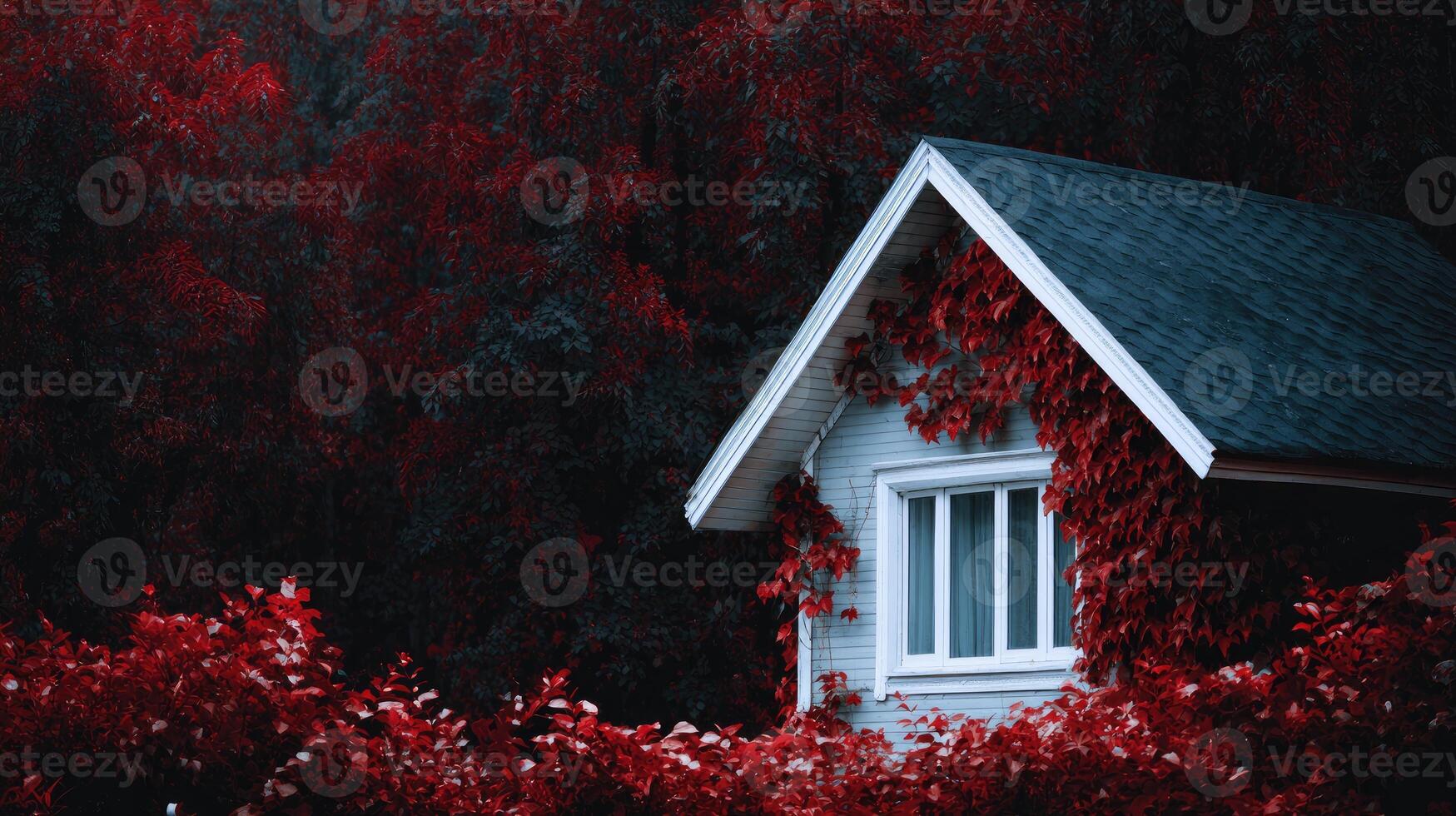 A small house surrounded by red vines photo