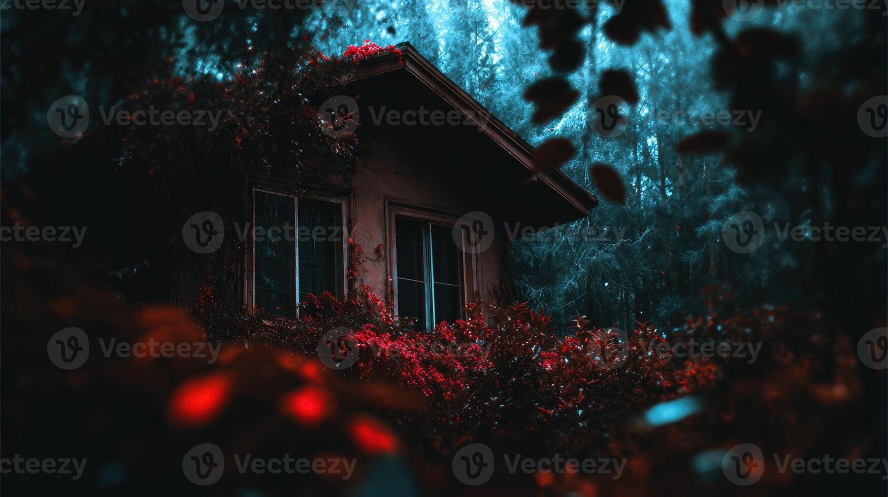 A house in the woods with red leaves photo