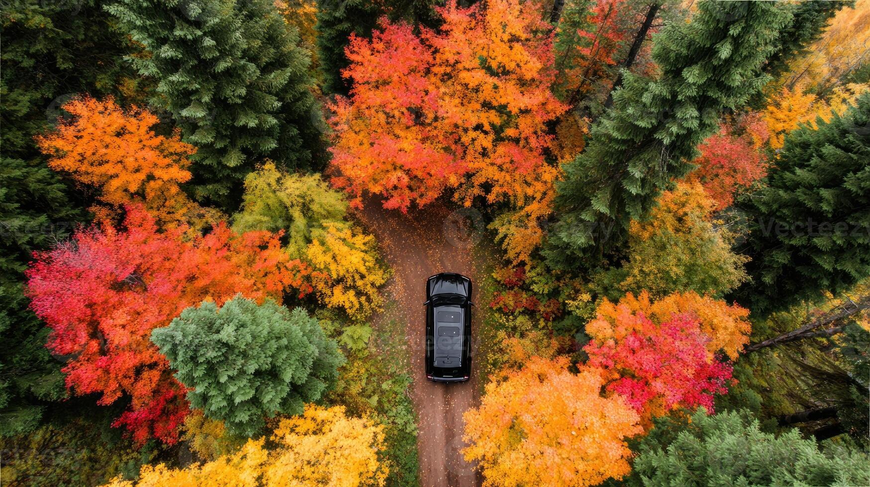 An aerial view of a car driving through a forest photo