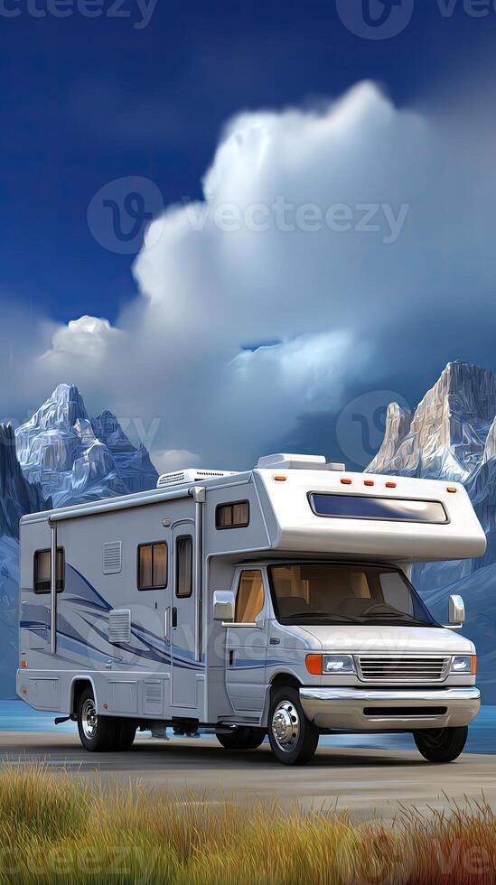 A white rv parked on a road with mountains in the background photo