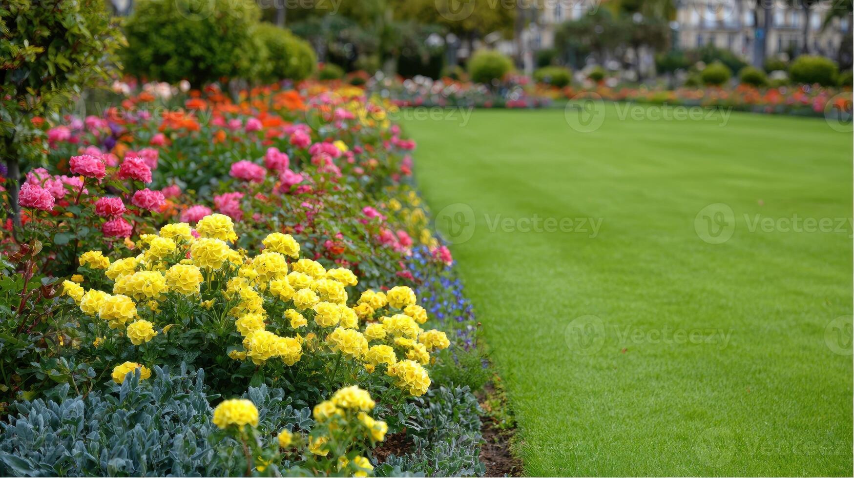 A lawn with colorful flowers and grass photo