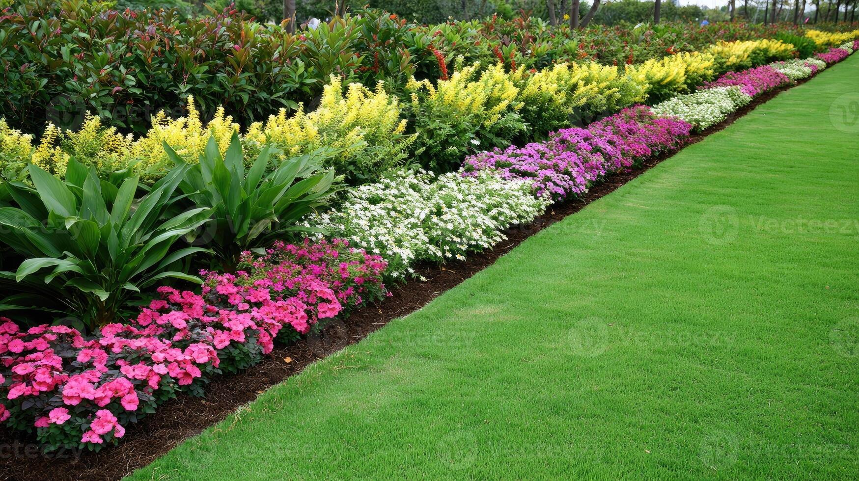 A row of colorful flowers in a garden photo