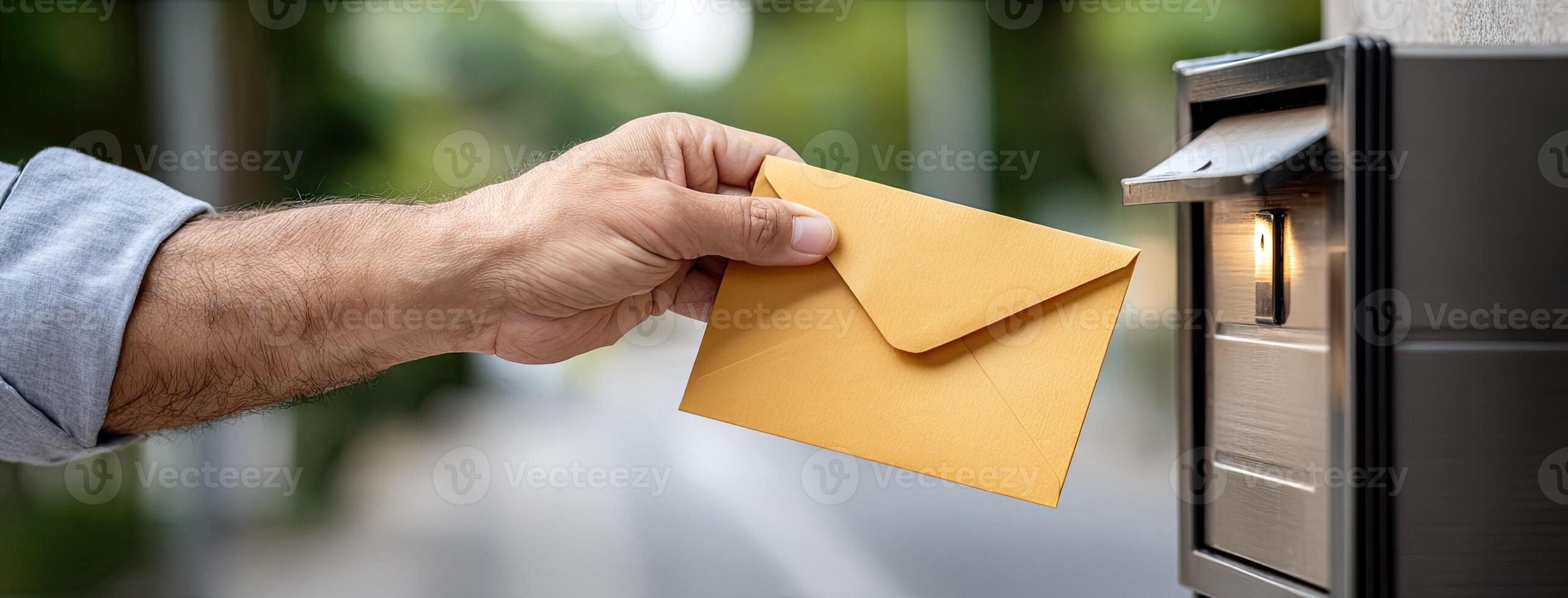 A hand is holding an envelope out of a mailbox photo