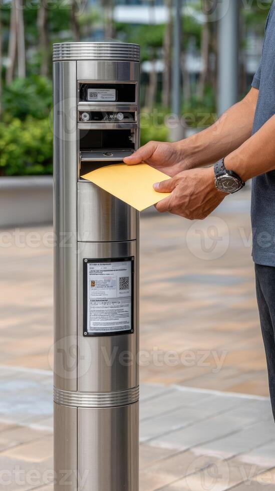 A man is putting a letter into a mailbox photo