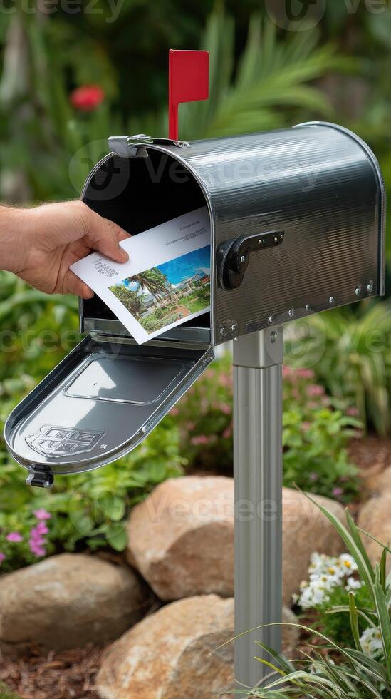 A person putting a picture in a mailbox photo