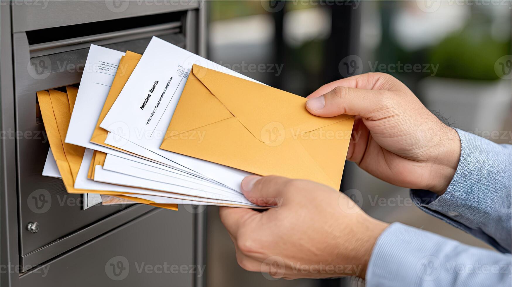 A person is opening an envelope from a mailbox photo