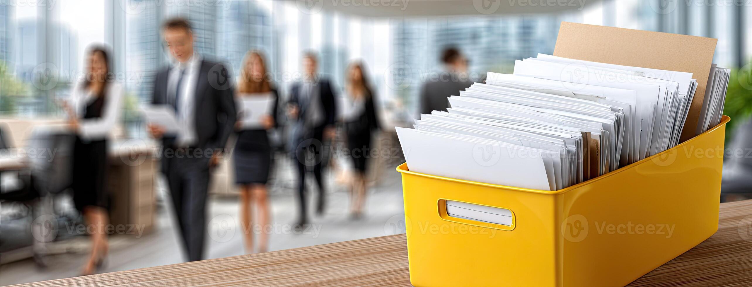 A yellow file box with papers on top of it photo