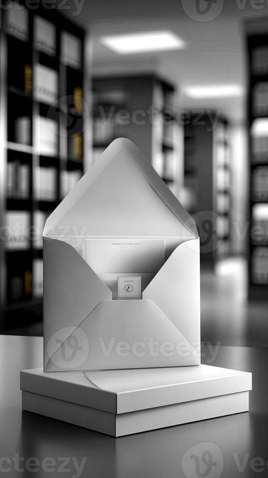 An open white envelope on a table in front of bookshelves photo