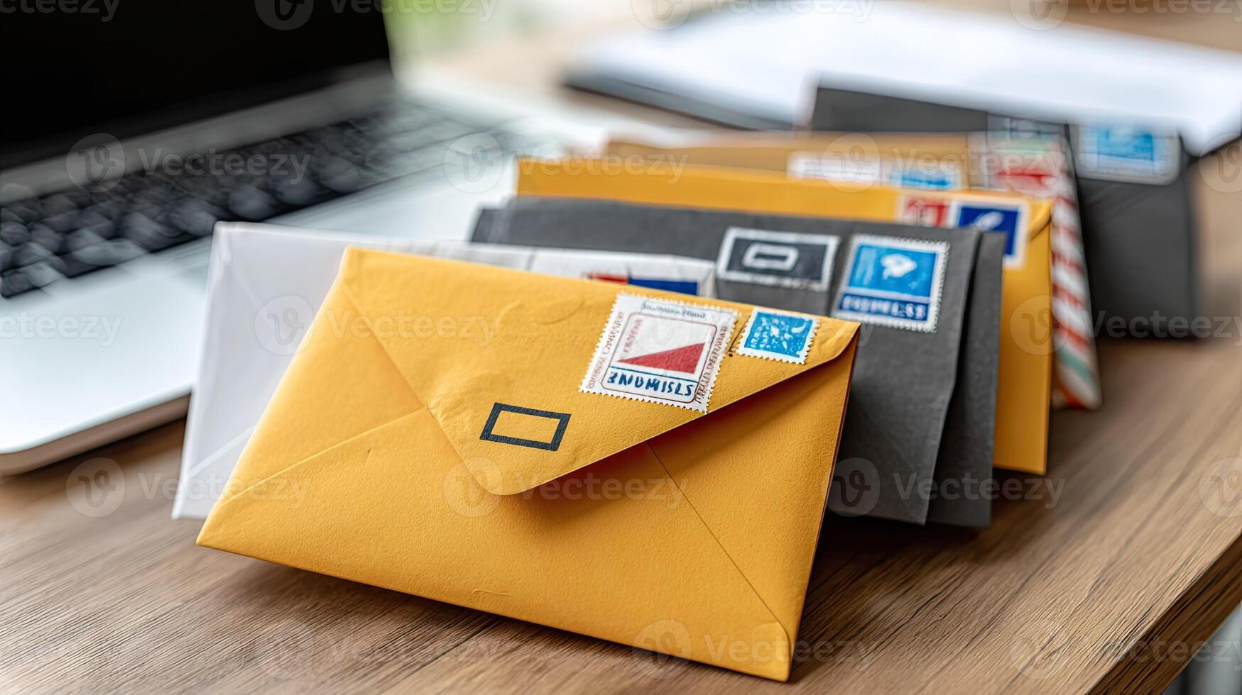 An envelope with a stamp on it sitting on a desk photo