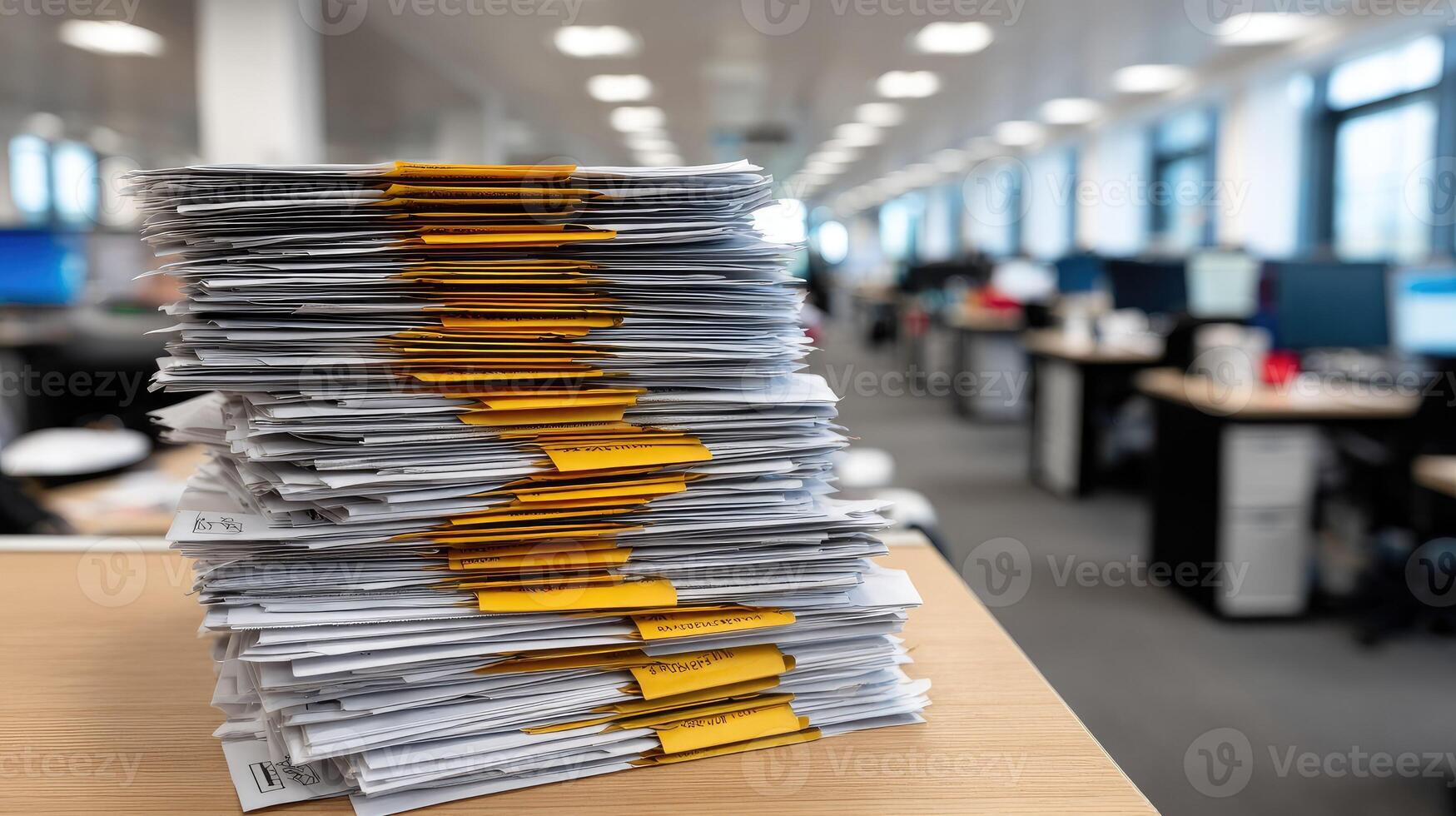 A stack of papers on a desk in an office photo