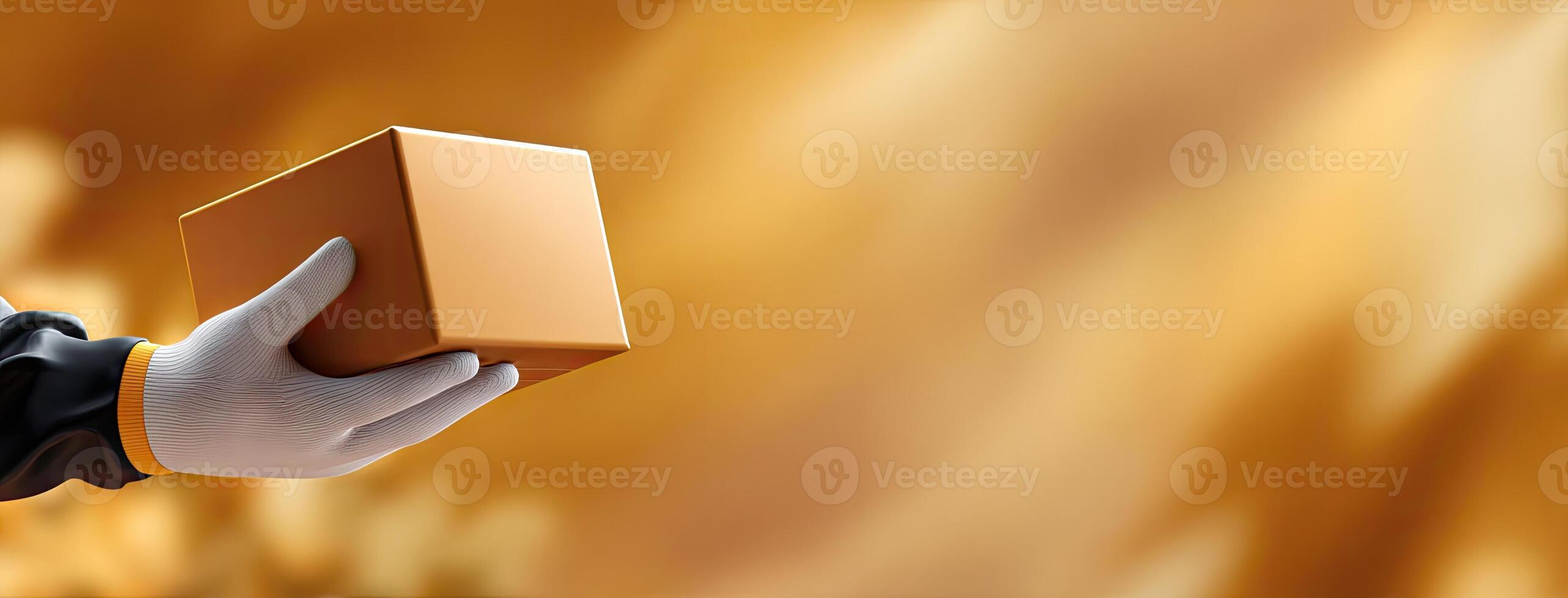 A person in a black suit and white gloves is holding a box photo