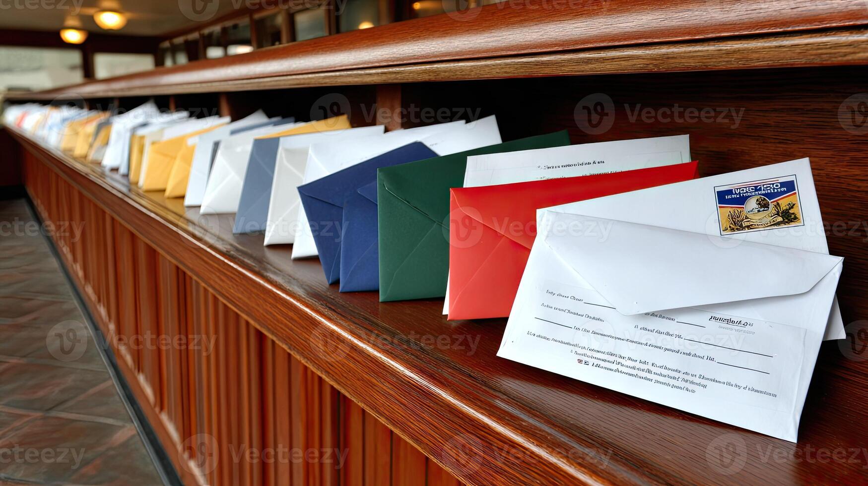 A row of envelopes on a shelf photo