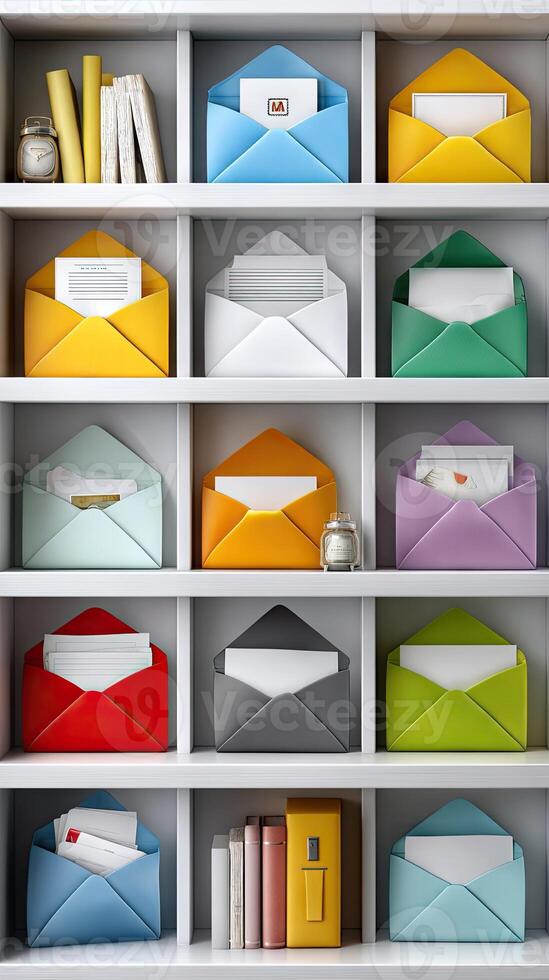 Many different colored envelopes are on a shelf photo