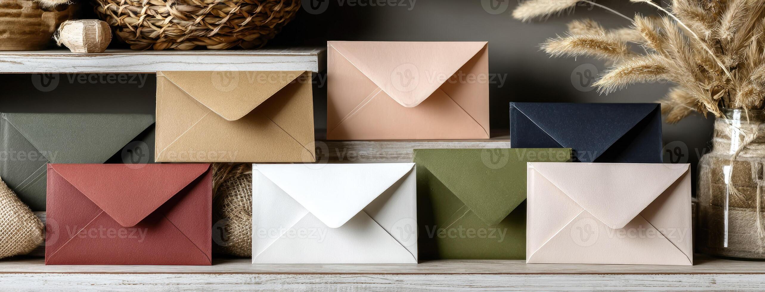A variety of different colored envelopes on a shelf photo