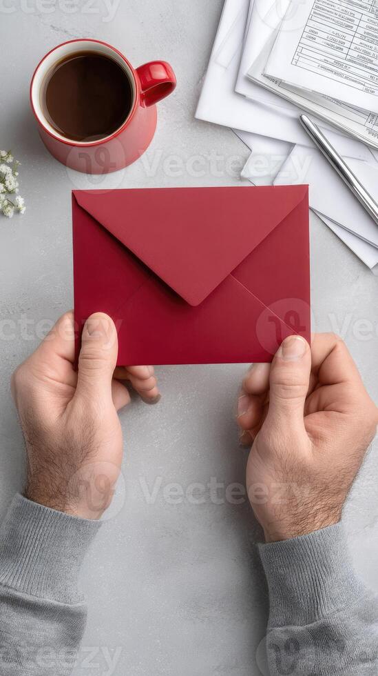A man holding an envelope with a red envelope on a desk photo