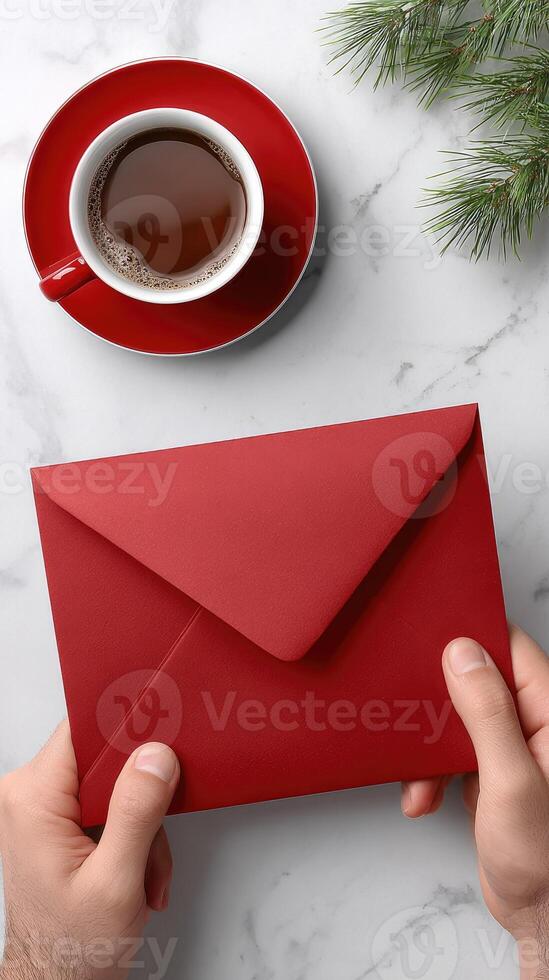 Man holding red envelope with coffee cup on white marble table photo