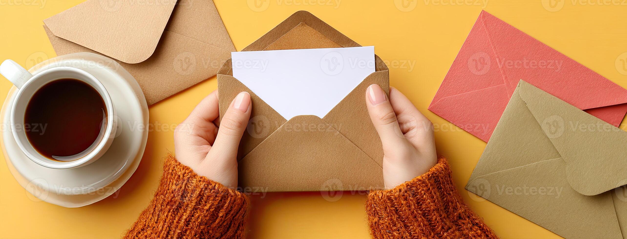 Woman's hands holding envelope with paper and coffee on yellow background photo