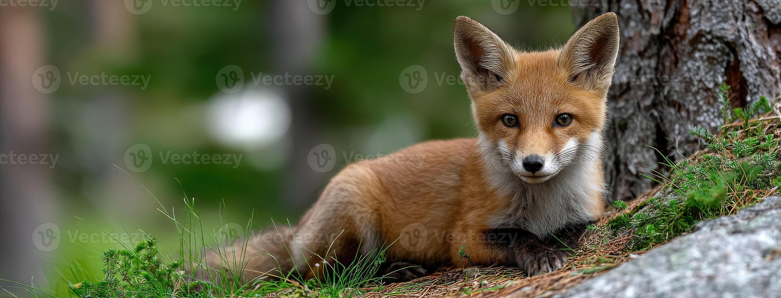 A fox sitting on the ground in the woods photo