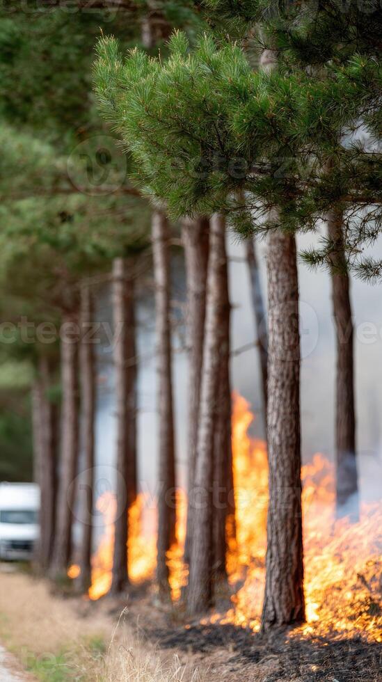 A truck driving down a road with a fire burning photo