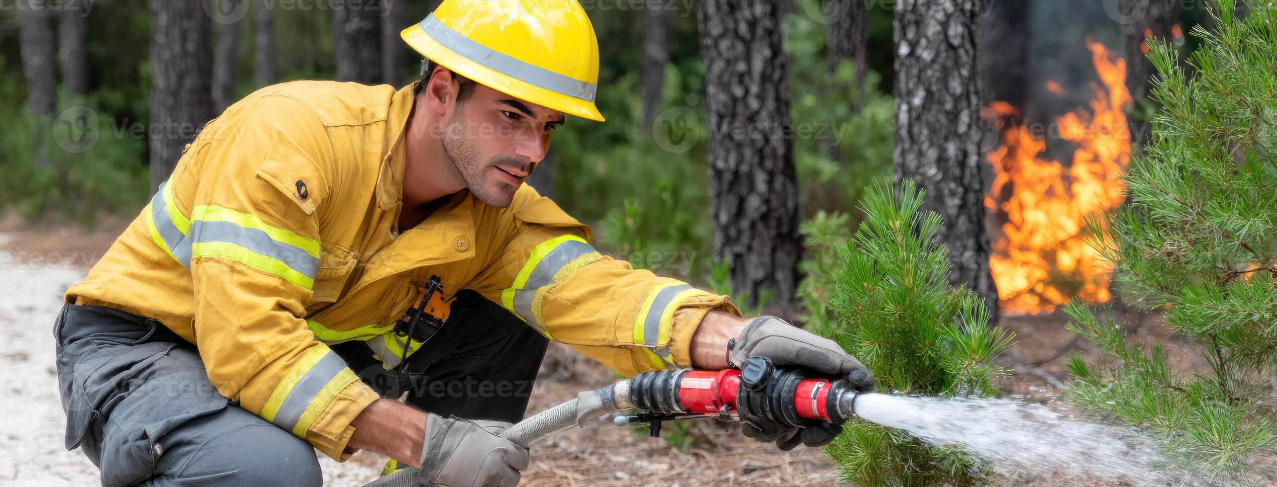 A firefighter is spraying water on a fire photo