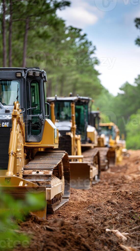 A line of yellow bulldozers parked on a dirt road photo