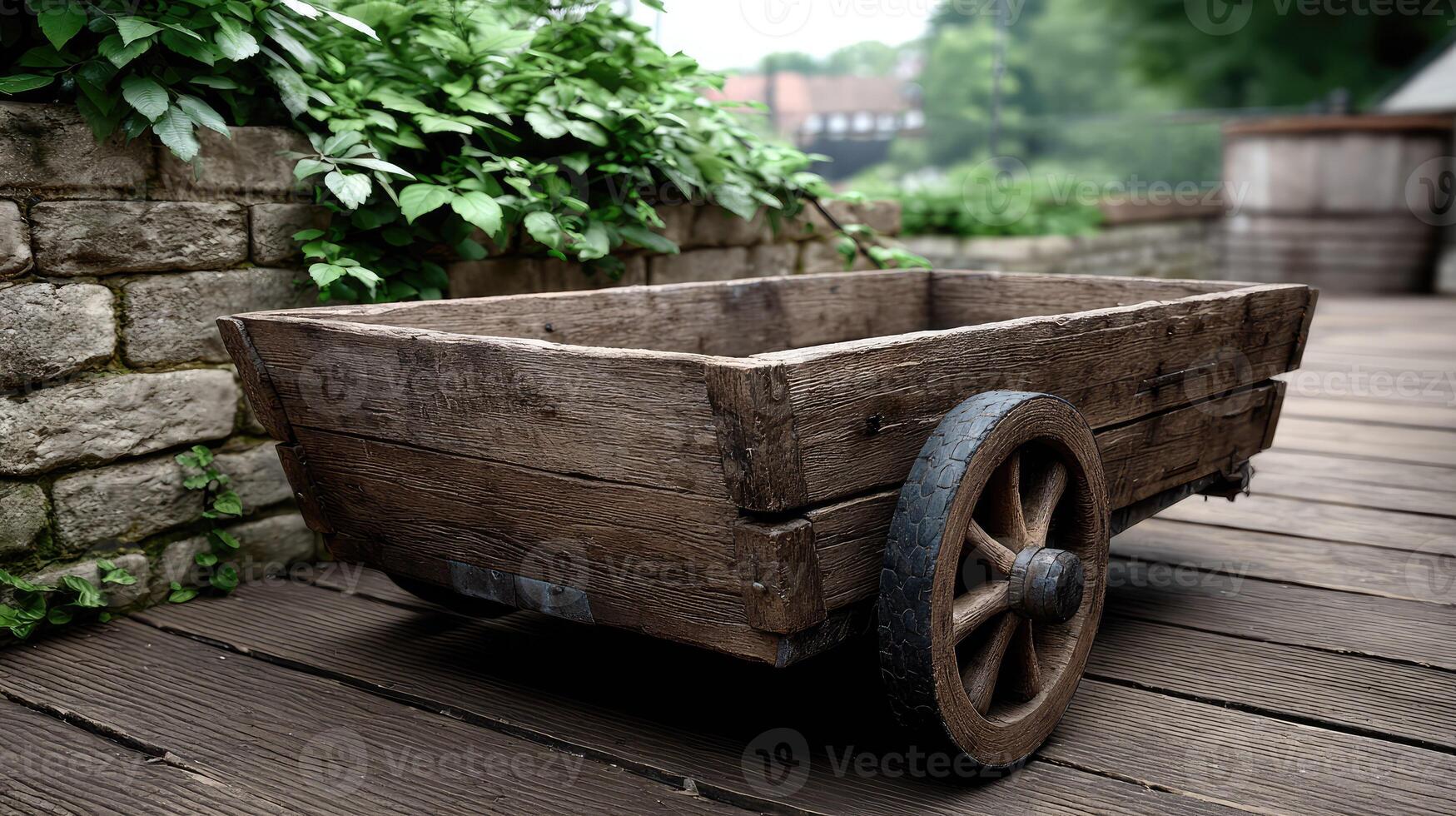 An old wooden cart on a wooden deck photo