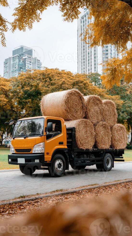 A truck carrying hay photo