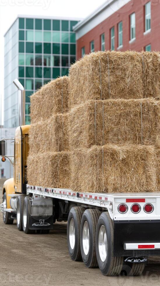 A large truck with a trailer full of hay photo