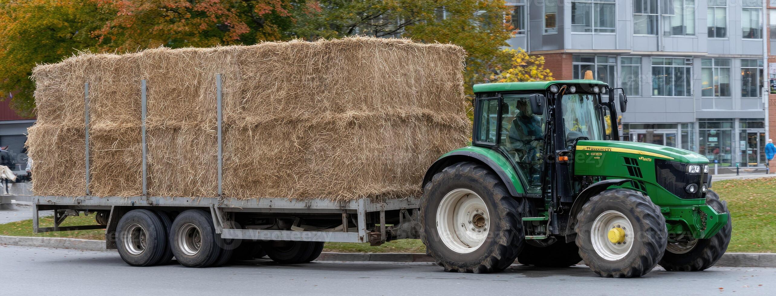A tractor with a trailer full of hay photo