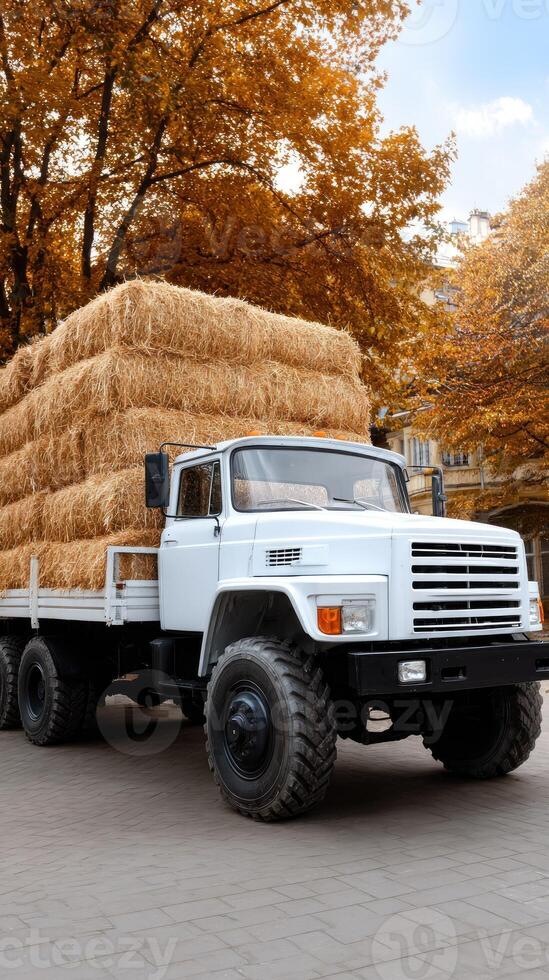 A white truck is carrying hay on the street photo