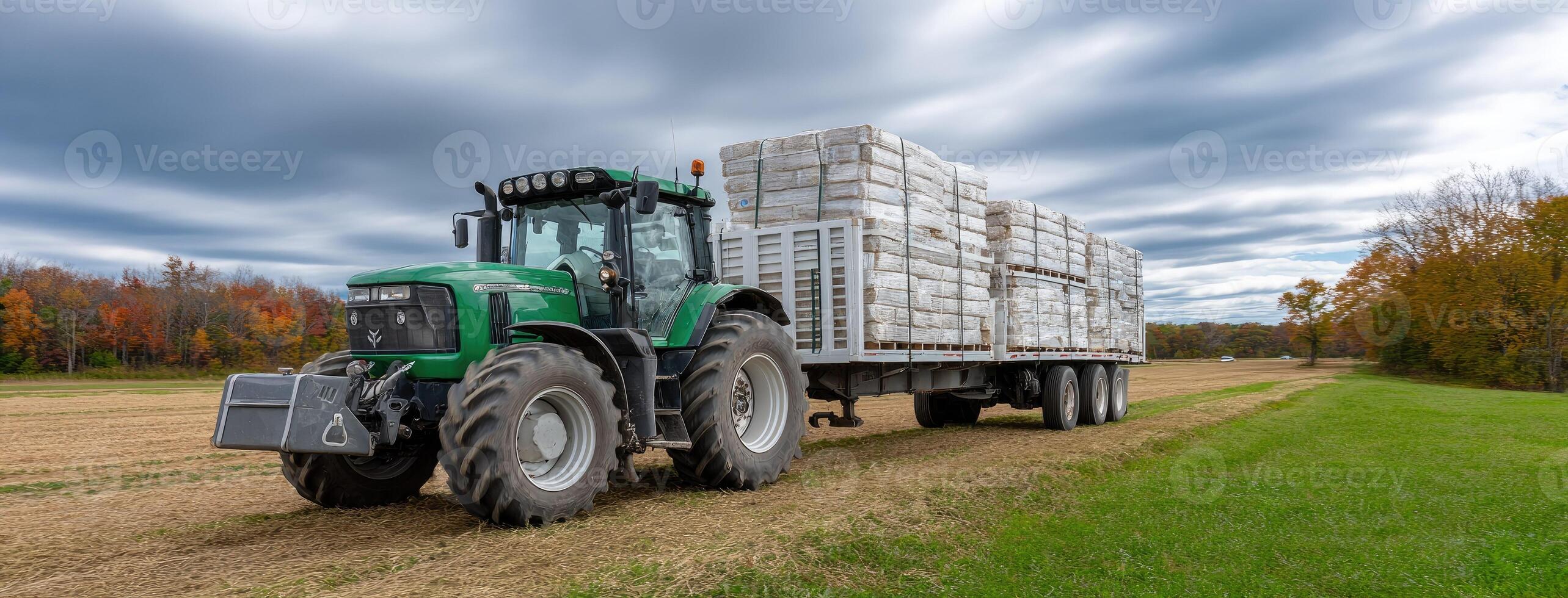 A tractor with a trailer loaded with wood photo