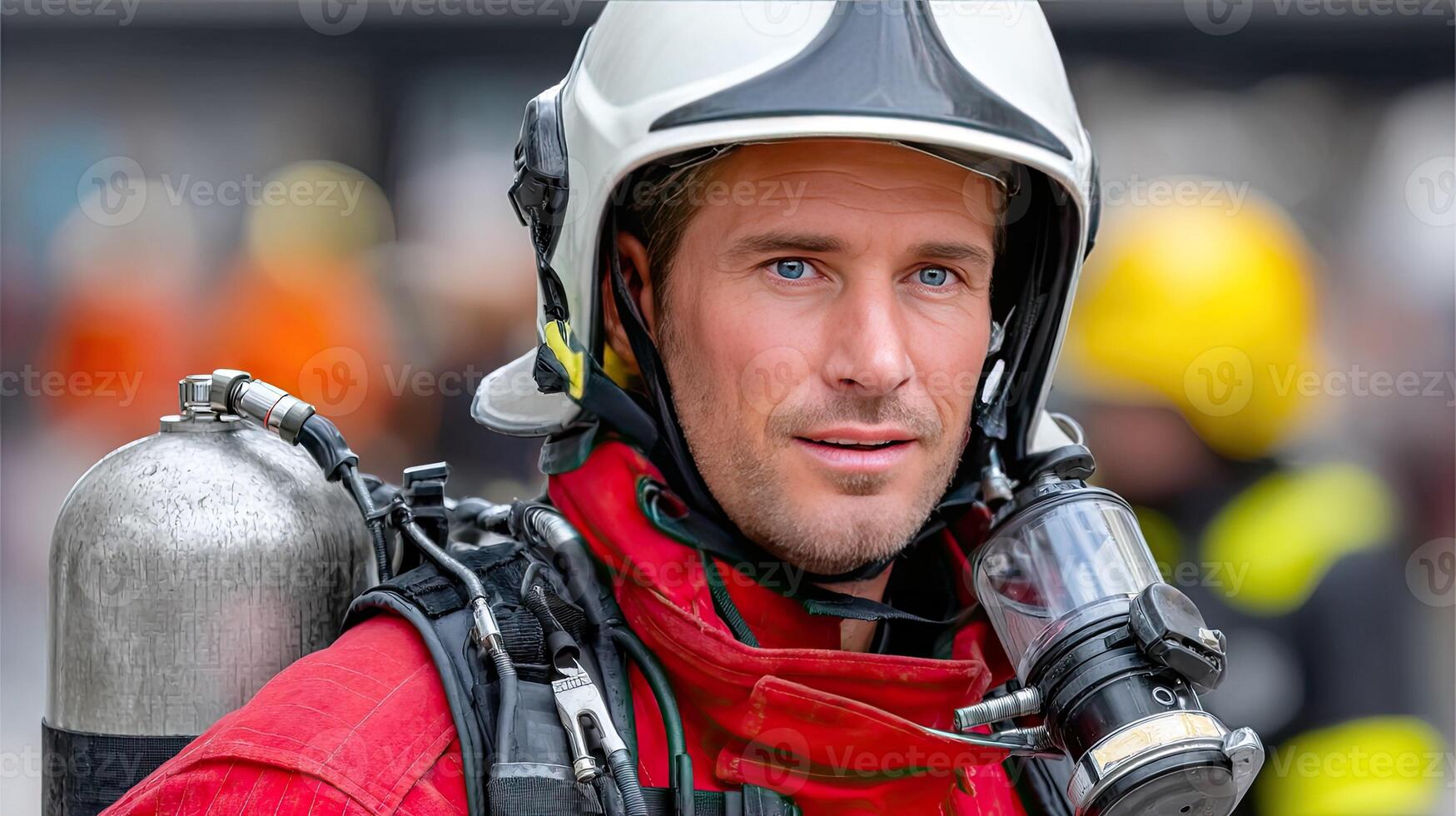 A firefighter wearing a helmet and holding a fire hose photo
