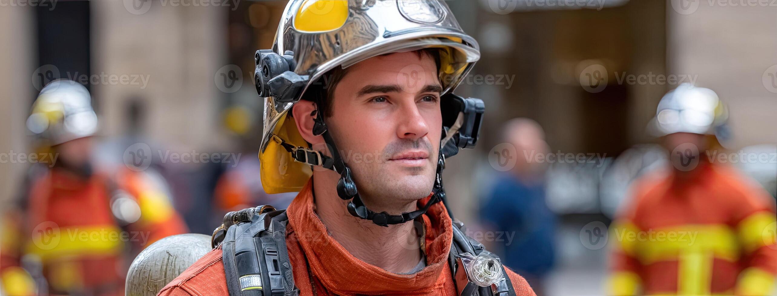 A firefighter wearing a helmet and a fireman's uniform photo