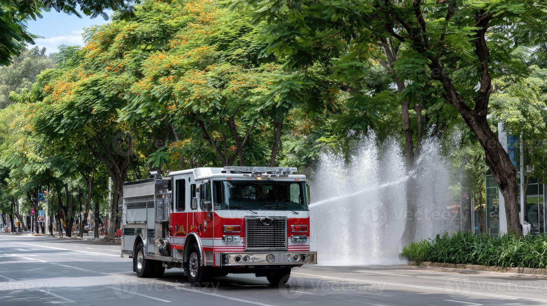 A fire truck spraying water on a street photo