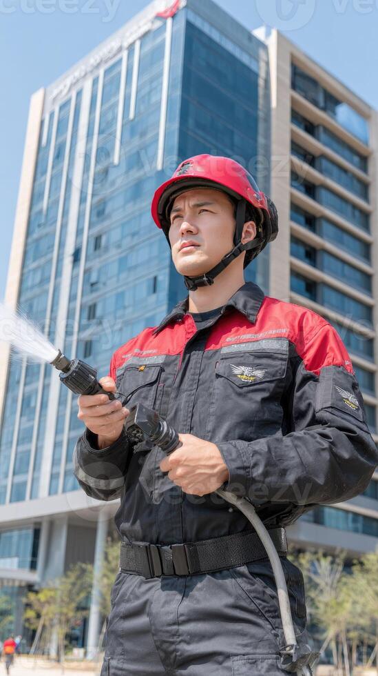 A man in a red helmet spraying water on a building photo