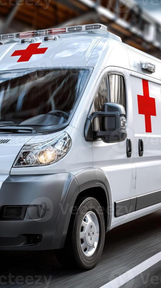 A white ambulance is driving down the road photo
